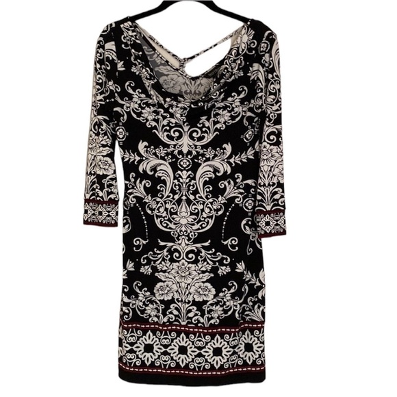 WHITE House Black Market 3/4 Sleeve Cowl Neck Size XS Black and White w/ Red - Picture 1 of 9
